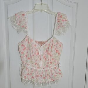 Evolutionary Floral Pink Lace Crop Top With Smocked Back And Ribbon Detail Sz Lg